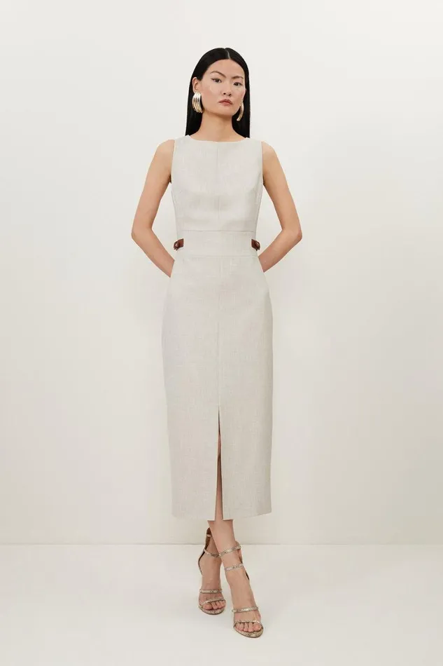 Dresses Women Karen Millen Melange Tailored Pu Tab Detail Midi Dress Natural