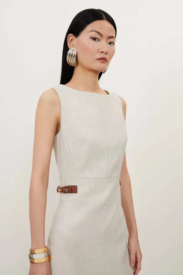 Dresses Women Karen Millen Melange Tailored Pu Tab Detail Midi Dress Natural