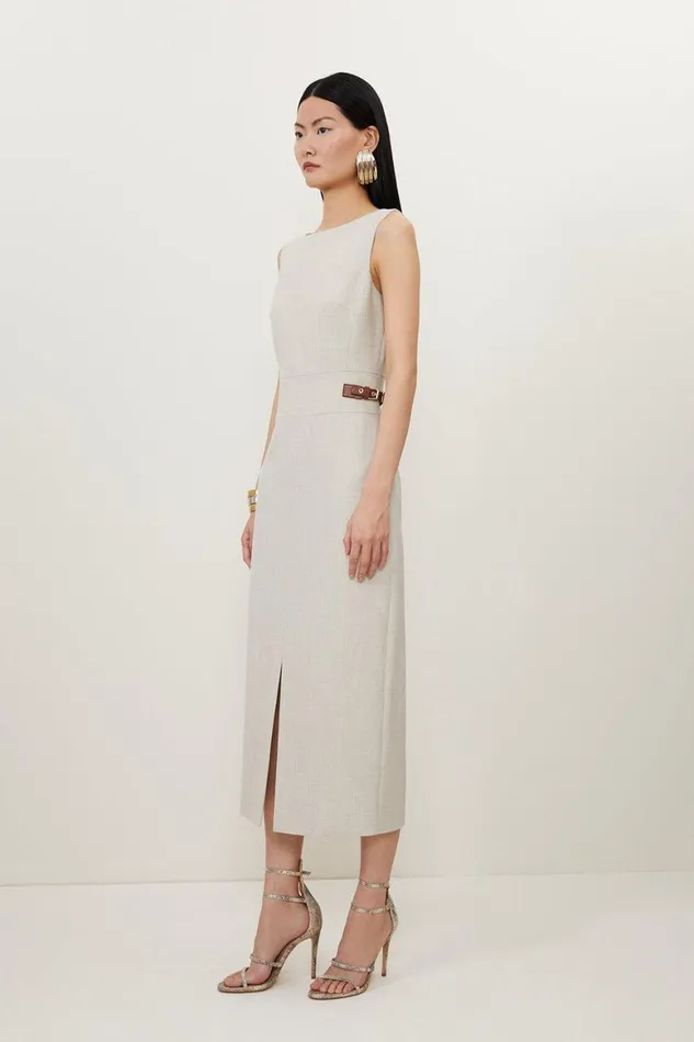 Dresses Women Karen Millen Melange Tailored Pu Tab Detail Midi Dress Natural