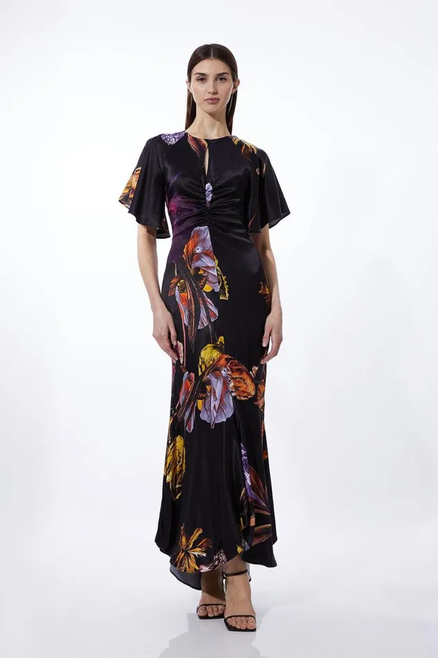 Dresses Women Karen Millen Midnight Floral Satin Crepe Woven Angel Sleeve Maxi Dress Black Dresses Women Karen Millen Midnight Floral Satin Crepe Woven Angel Sleeve Maxi Dress Black