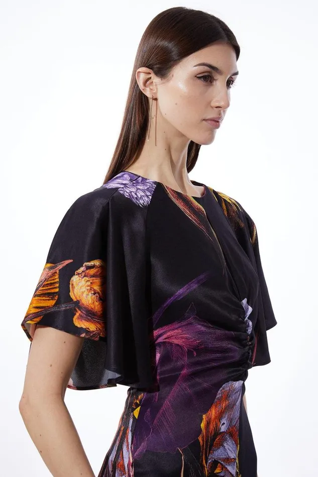 Dresses Women Karen Millen Midnight Floral Satin Crepe Woven Angel Sleeve Maxi Dress Black