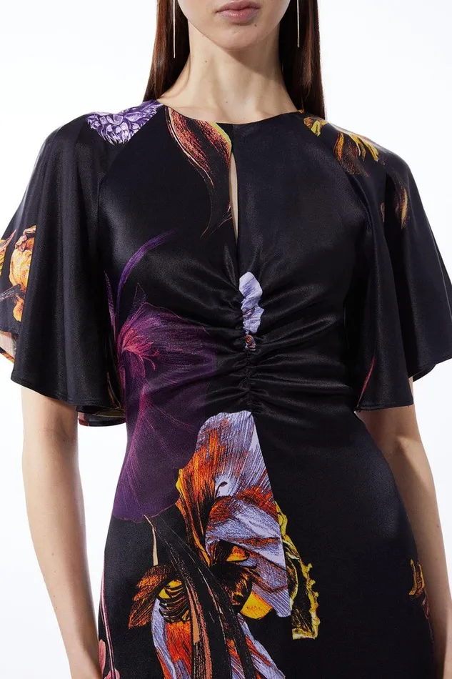 Dresses Women Karen Millen Midnight Floral Satin Crepe Woven Angel Sleeve Maxi Dress Black