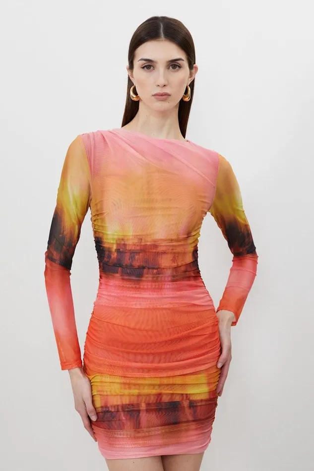 Dresses Women Karen Millen Ombre Print Jersey Long Sleeve Mini Dress Orange