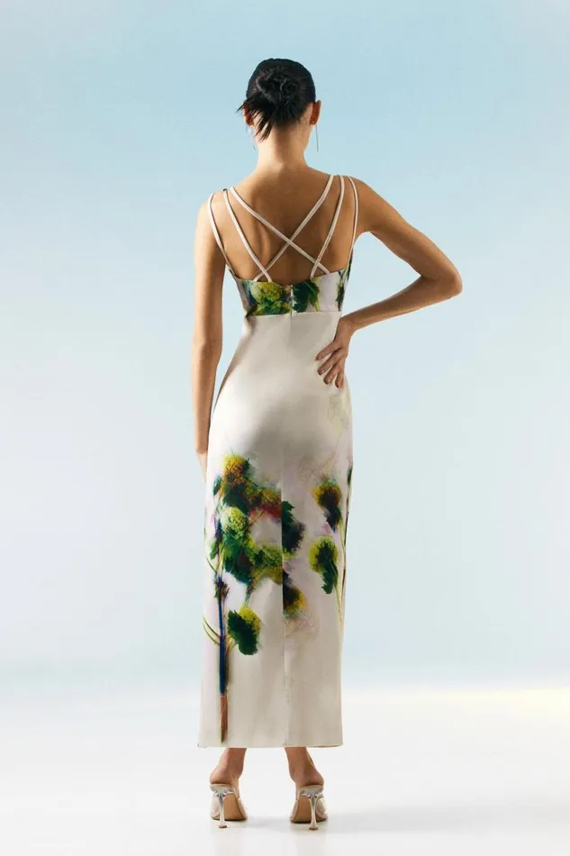 Dresses Women Karen Millen OOTO Italian Structured Satin Strappy Floral Dress Floral
