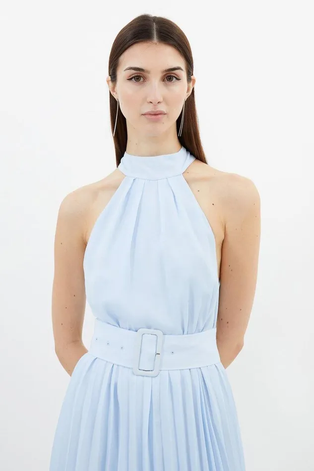 Dresses Women Karen Millen Petite Georgette Belted Pleated Midi Dress Blue