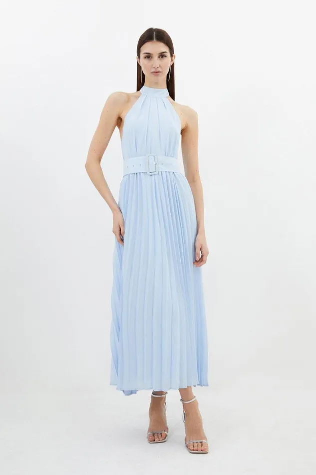 Dresses Women Karen Millen Petite Georgette Belted Pleated Midi Dress Blue