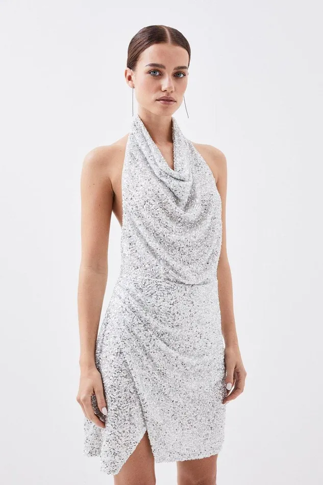 Dresses Women Karen Millen Petite Jersey Sequin Cowl Neck Mini Dress Silver