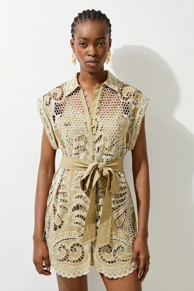 Dresses Women Karen Millen Petite Linen Cutwork Embroidery Woven Mini Dress Khaki Dresses Women Karen Millen Petite Linen Cutwork Embroidery Woven Mini Dress Khaki