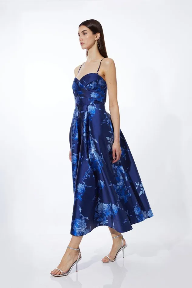 Dresses Women Karen Millen Petite Placed Jacquard Twill Woven Prom Dress Blue