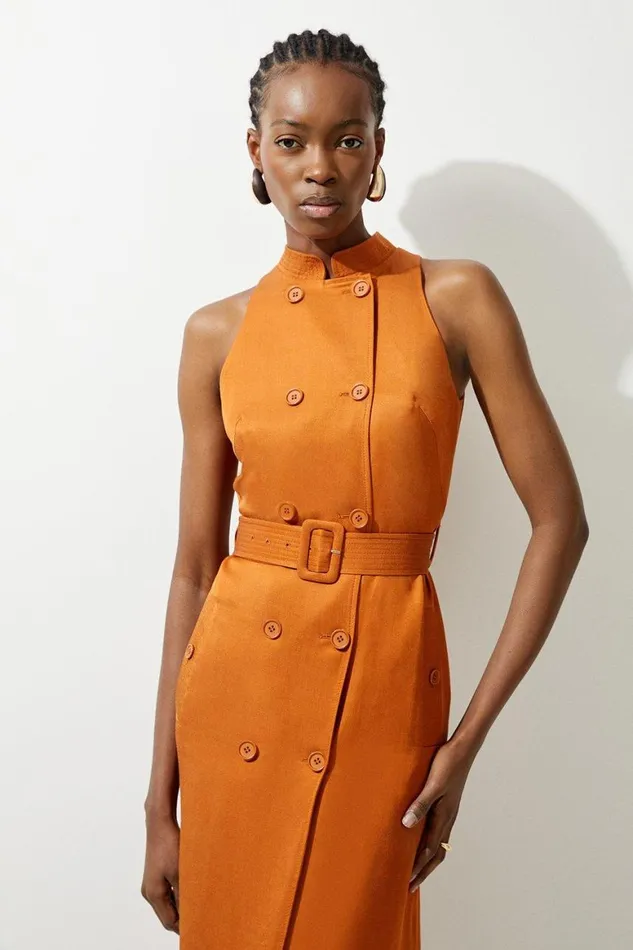 Dresses Women Karen Millen Petite Premium Tailored Linen Double Breasted Belted Midi Dress Tan