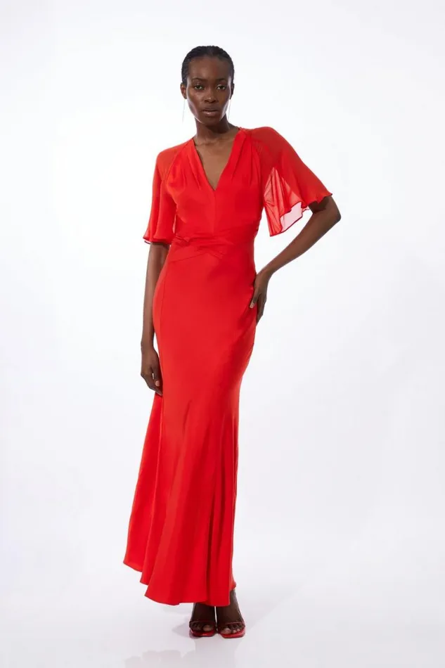 Dresses Women Karen Millen Petite Twist Front Satin And Georgette Mix Woven Maxi Dress Red Dresses Women Karen Millen Petite Twist Front Satin And Georgette Mix Woven Maxi Dress Red