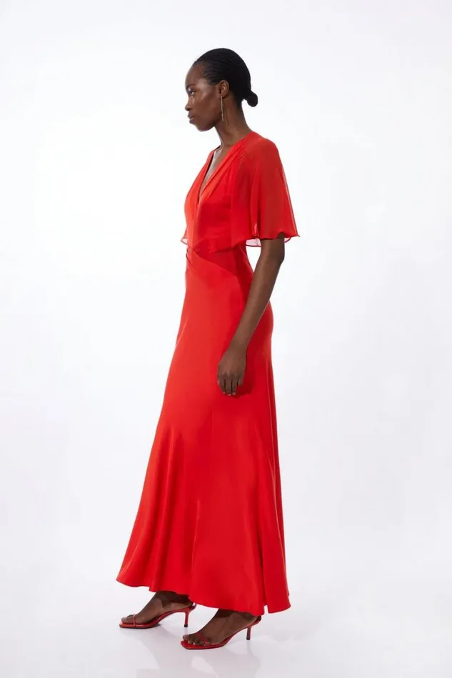 Dresses Women Karen Millen Petite Twist Front Satin And Georgette Mix Woven Maxi Dress Red