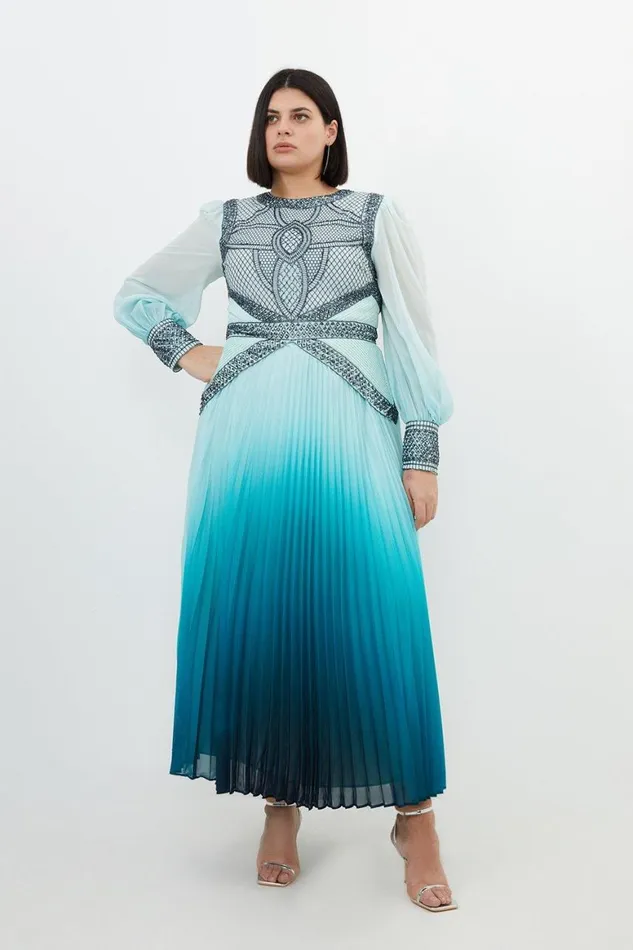 Dresses Women Karen Millen Plus Size Ombre Embroidery Woven Maxi Dress Blue