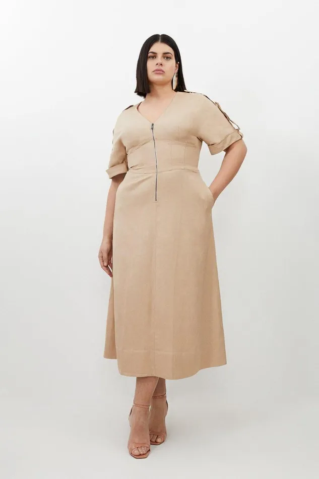 Dresses Women Karen Millen Plus Size Premium Linen Twill Woven Short Sleeve Midi Dress Camel Dresses Women Karen Millen Plus Size Premium Linen Twill Woven Short Sleeve Midi Dress Camel