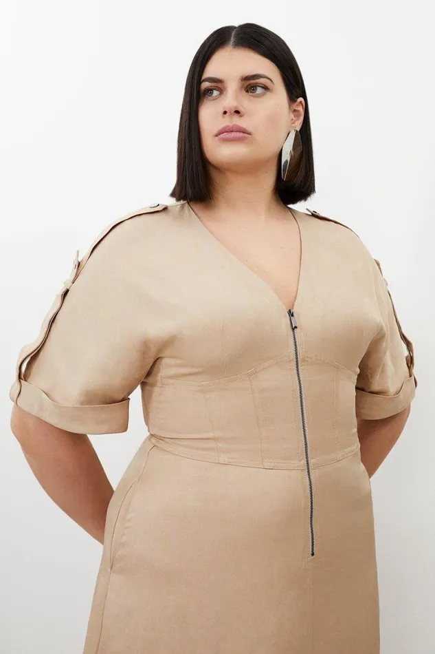 Dresses Women Karen Millen Plus Size Premium Linen Twill Woven Short Sleeve Midi Dress Camel