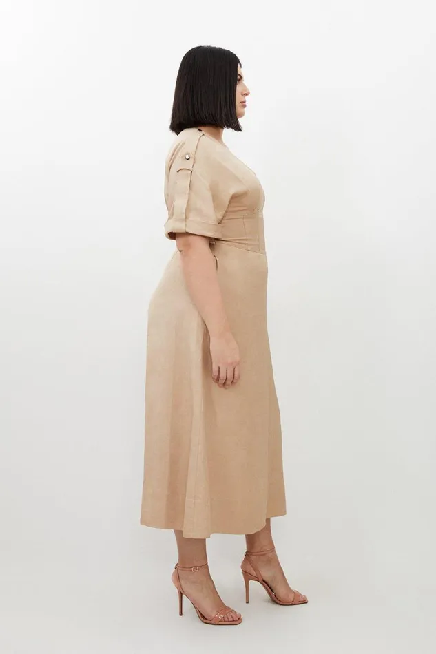 Dresses Women Karen Millen Plus Size Premium Linen Twill Woven Short Sleeve Midi Dress Camel