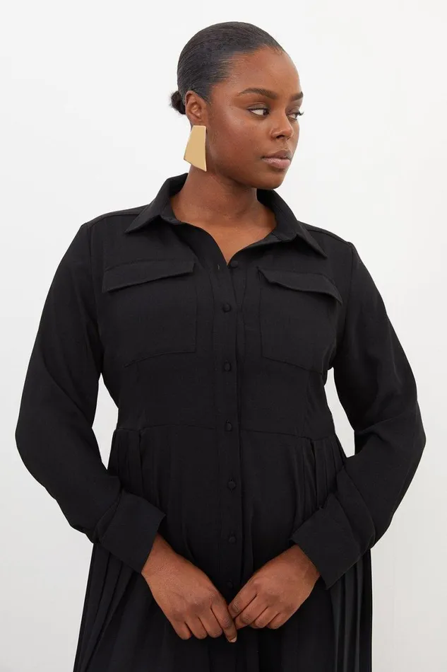 Dresses Women Karen Millen Plus Size Soft Tailored Pleated Pocket Detail Shirt Dress Black