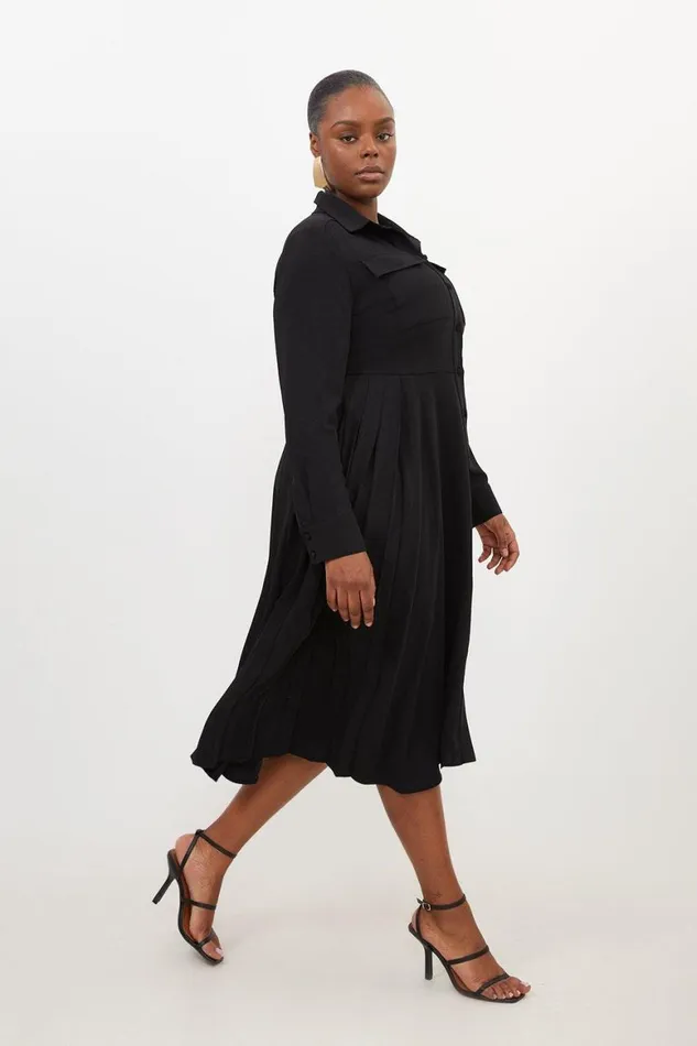 Dresses Women Karen Millen Plus Size Soft Tailored Pleated Pocket Detail Shirt Dress Black