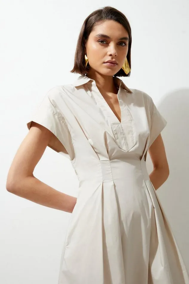 Dresses Women Karen Millen Poplin Dropped Strong Shoulder Woven Shirt Dress Stone