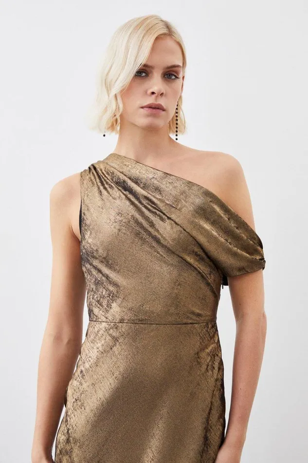 Dresses Women Karen Millen Premium Metallic Ruched One Shoulder Woven Maxi Dress