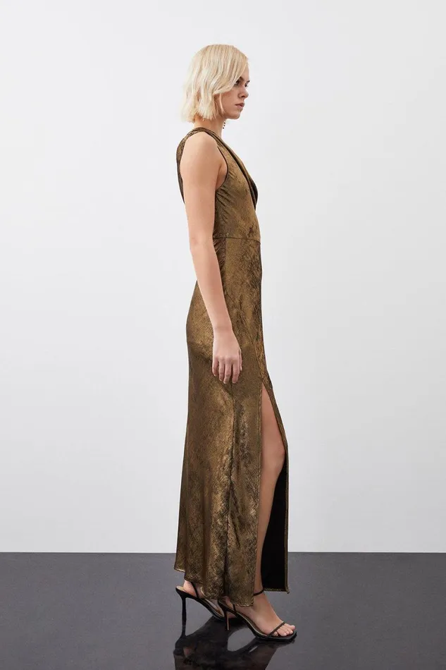 Dresses Women Karen Millen Premium Metallic Ruched One Shoulder Woven Maxi Dress