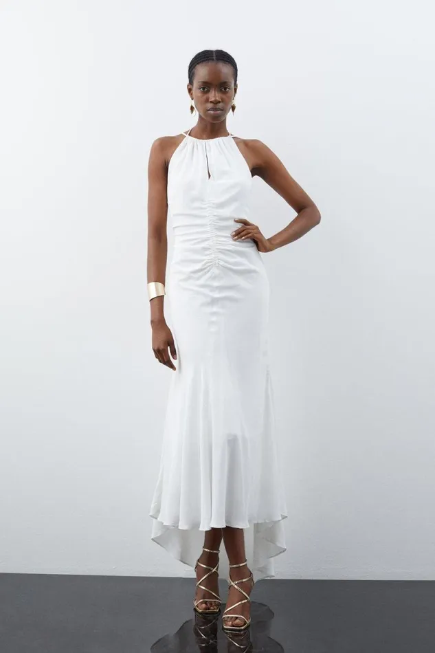 Dresses Women Karen Millen Premium Ruched Halter Strappy Maxi Dress Ivory