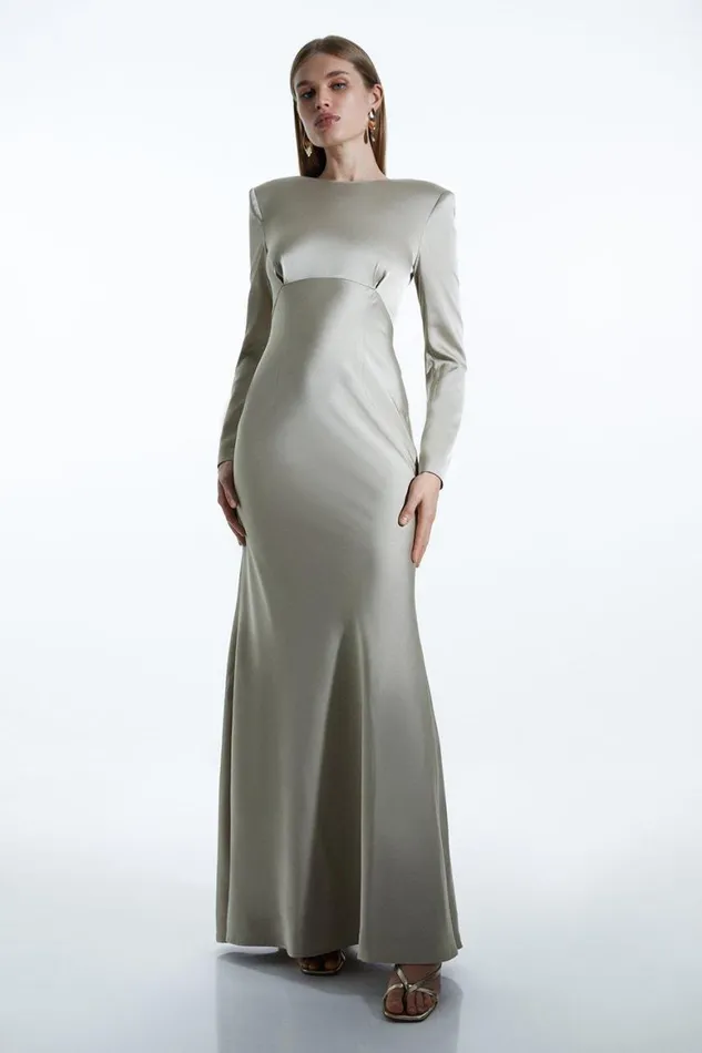 Dresses Women Karen Millen Satin Back Crepe Long Sleeved Column Woven Midaxi Dress Sage