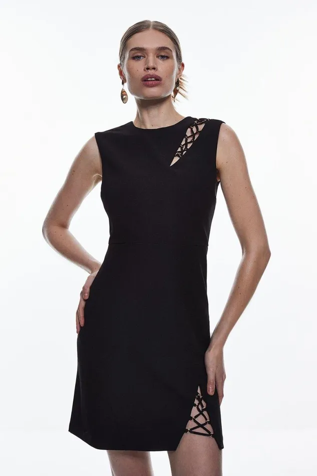 Dresses Women Karen Millen Scuba Crepe Lace Up Detail Woven Mini Dress Black
