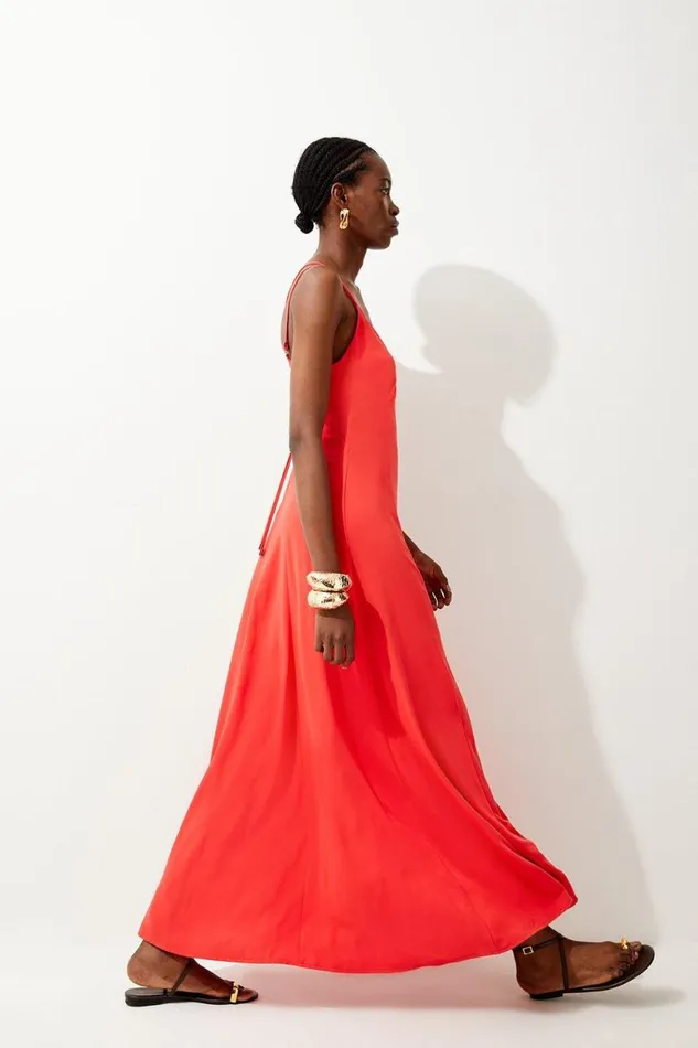 Dresses Women Karen Millen Strappy Woven Maxi Sundress Coral