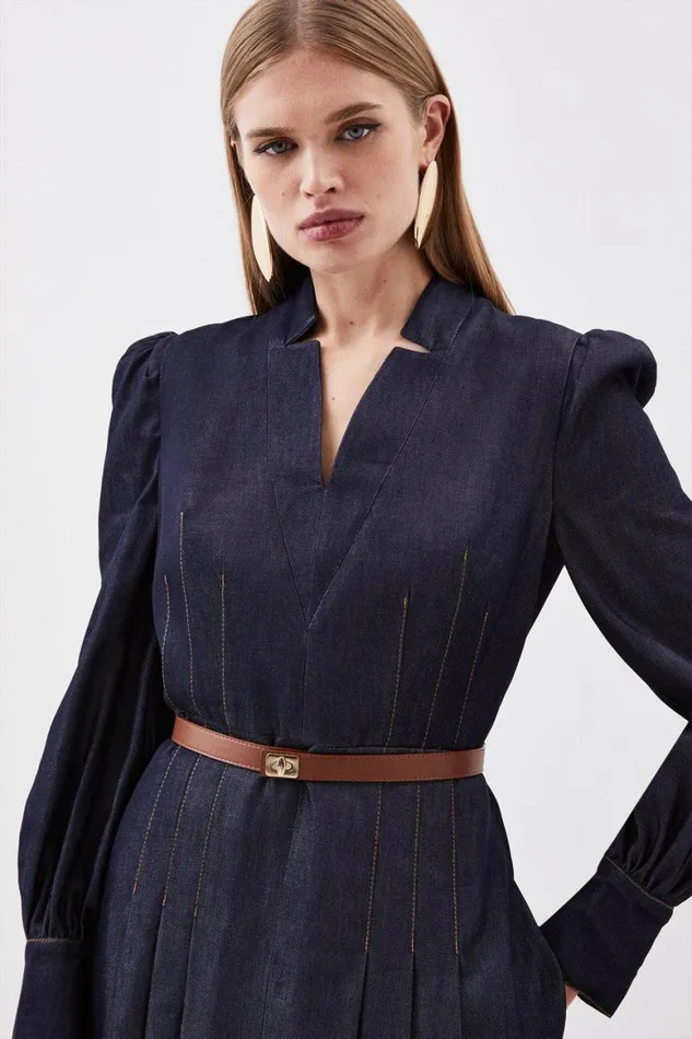 Dresses Women Karen Millen Tailored Denim Forever Belted Pleat Midi Dress Denim