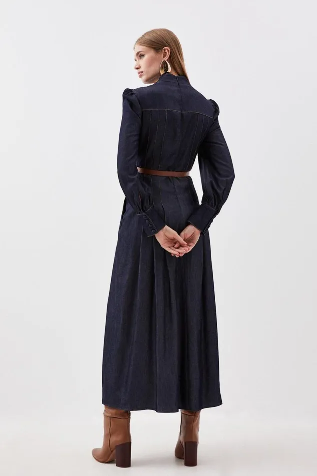 Dresses Women Karen Millen Tailored Denim Forever Belted Pleat Midi Dress Denim