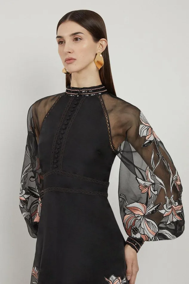 Dresses Women Karen Millen Tall Floral Embroidery Organdie Woven Midi Dress Black