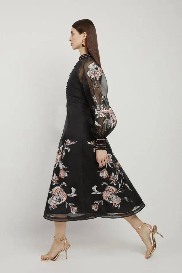 Dresses Women Karen Millen Tall Floral Embroidery Organdie Woven Midi Dress Black