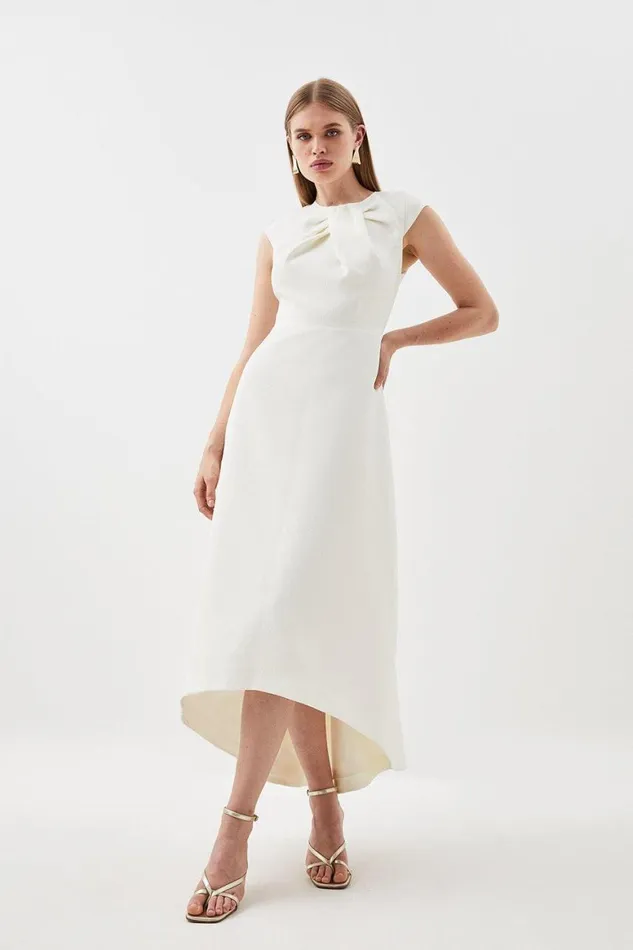 Dresses Women Karen Millen Textured Crepe Twist Wrap Detail High Low Midi Dress Ivory