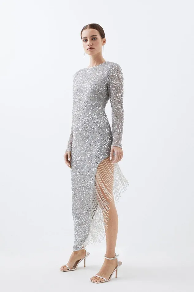 Dresses Women Karen Millen Thigh High Split Embellished Woven Fringed Midi Silver Dresses Women Karen Millen Thigh High Split Embellished Woven Fringed Midi Silver