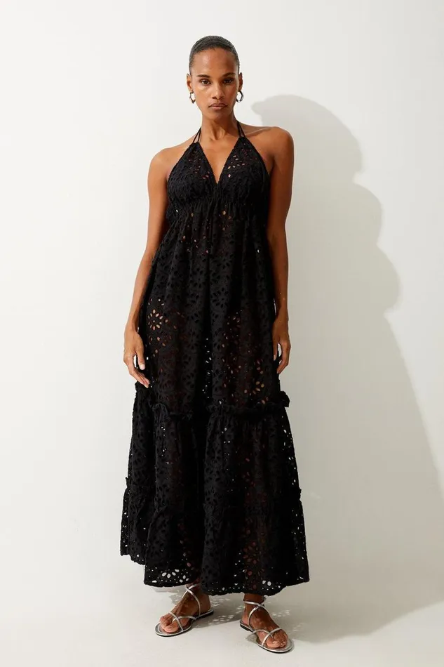 Dresses Women Karen Millen Tiered Broderie Maxi Beach Dress Black