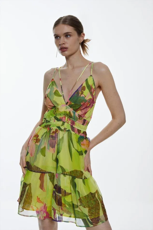 Dresses Women Karen Millen Tropical Orchid Strappy Crinkle Shirred Woven Mini Dress