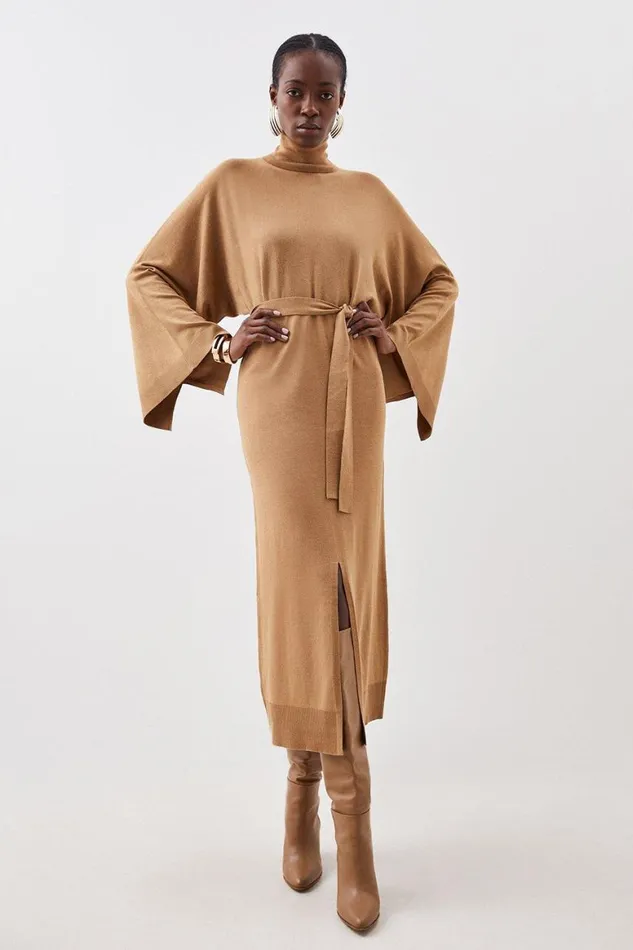 Dresses Women Karen Millen Viscose Blend Funnel Neck Belted Knitted Midi Dress Camel Dresses Women Karen Millen Viscose Blend Funnel Neck Belted Knitted Midi Dress Camel