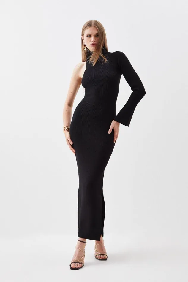 Dresses Women Karen Millen Viscose Blend Rib Knit One Sleeve Maxi Dress Black