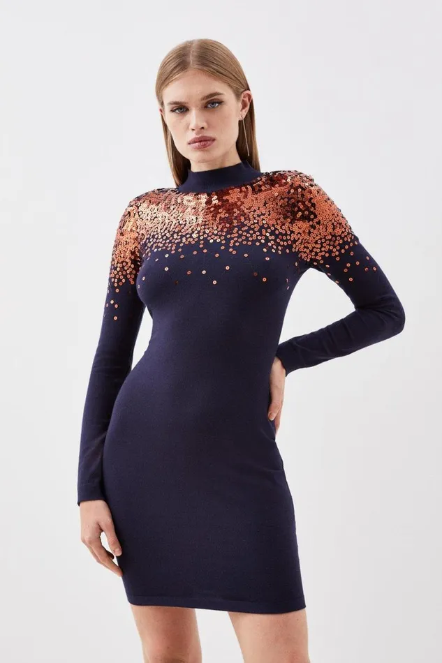 Dresses Women Karen Millen Viscose Blend Sequin Knit Mini Dress Navy