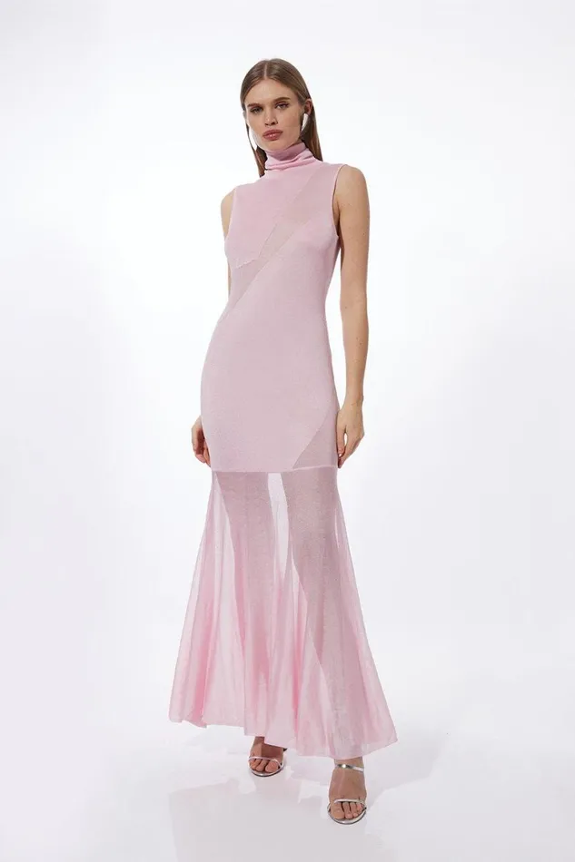 Dresses Women Karen Millen Viscose Blend Slinky Sheer Knit Roll Neck Maxi Dress Blush