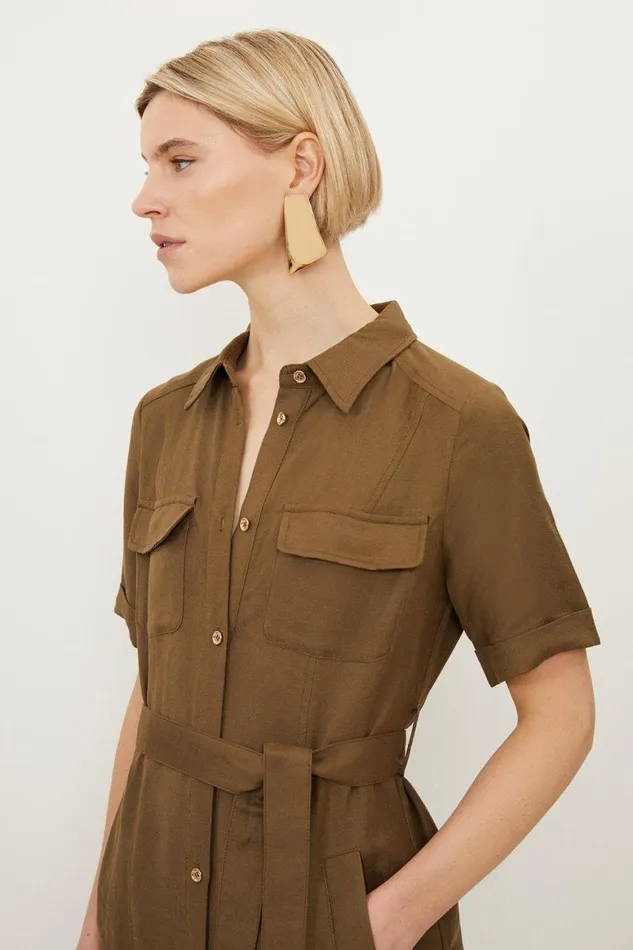 Dresses Women Karen Millen Viscose Linen Woven Midi Shirt Dress Khaki