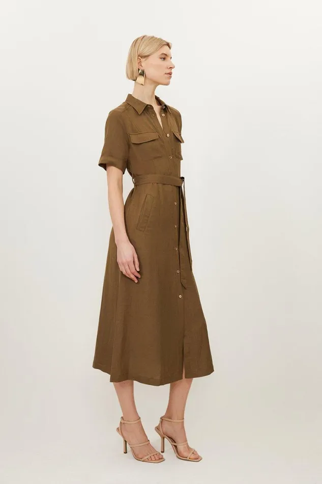 Dresses Women Karen Millen Viscose Linen Woven Midi Shirt Dress Khaki