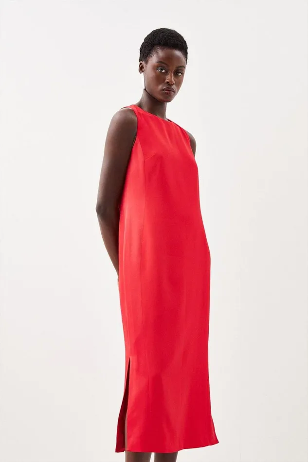 Dresses Women Karen Millen Viscose Satin Back Crepe Tailored Sleeveless Midi Column Dress Red