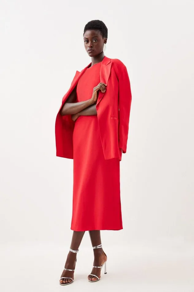 Dresses Women Karen Millen Viscose Satin Back Crepe Tailored Sleeveless Midi Column Dress Red