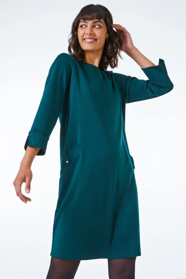 Forest Button Detail Midi Shift Dress Women Roman Dresses