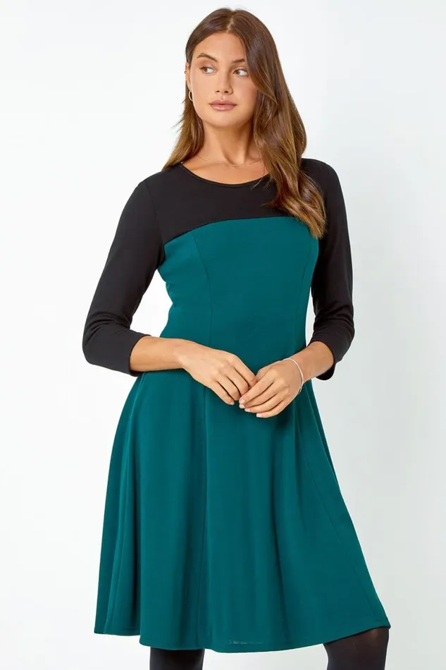 Forest Colour Block Skater Stretch Dress Women Roman Dresses