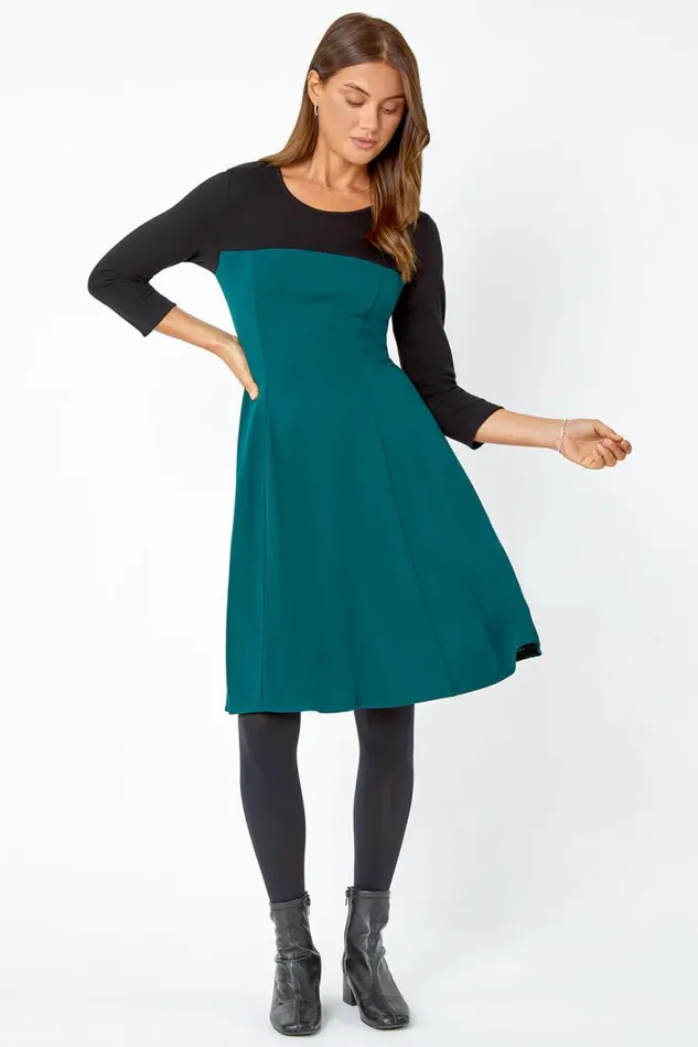 Forest Colour Block Skater Stretch Dress Women Roman Dresses