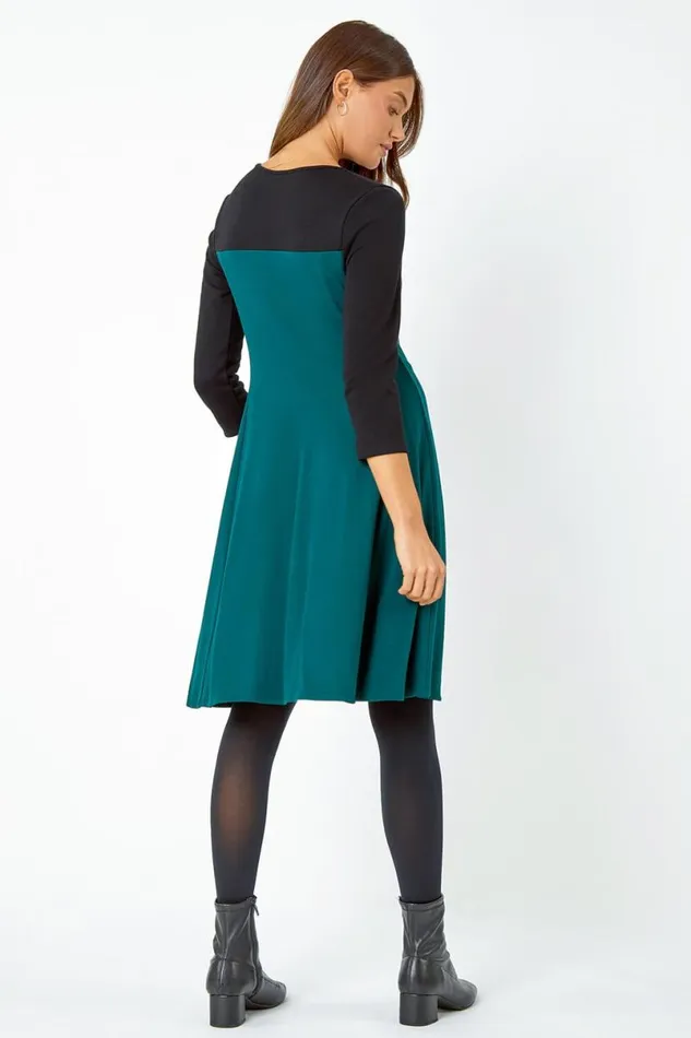 Forest Colour Block Skater Stretch Dress Women Roman Dresses