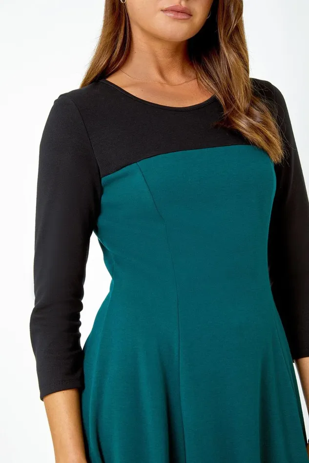 Forest Colour Block Skater Stretch Dress Women Roman Dresses